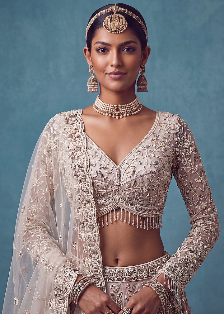 Cream &amp; Pink Premium Net Lehenga Choli with Floral Handcrafted Embroidery, Crystal &amp; Sequin Embellishments