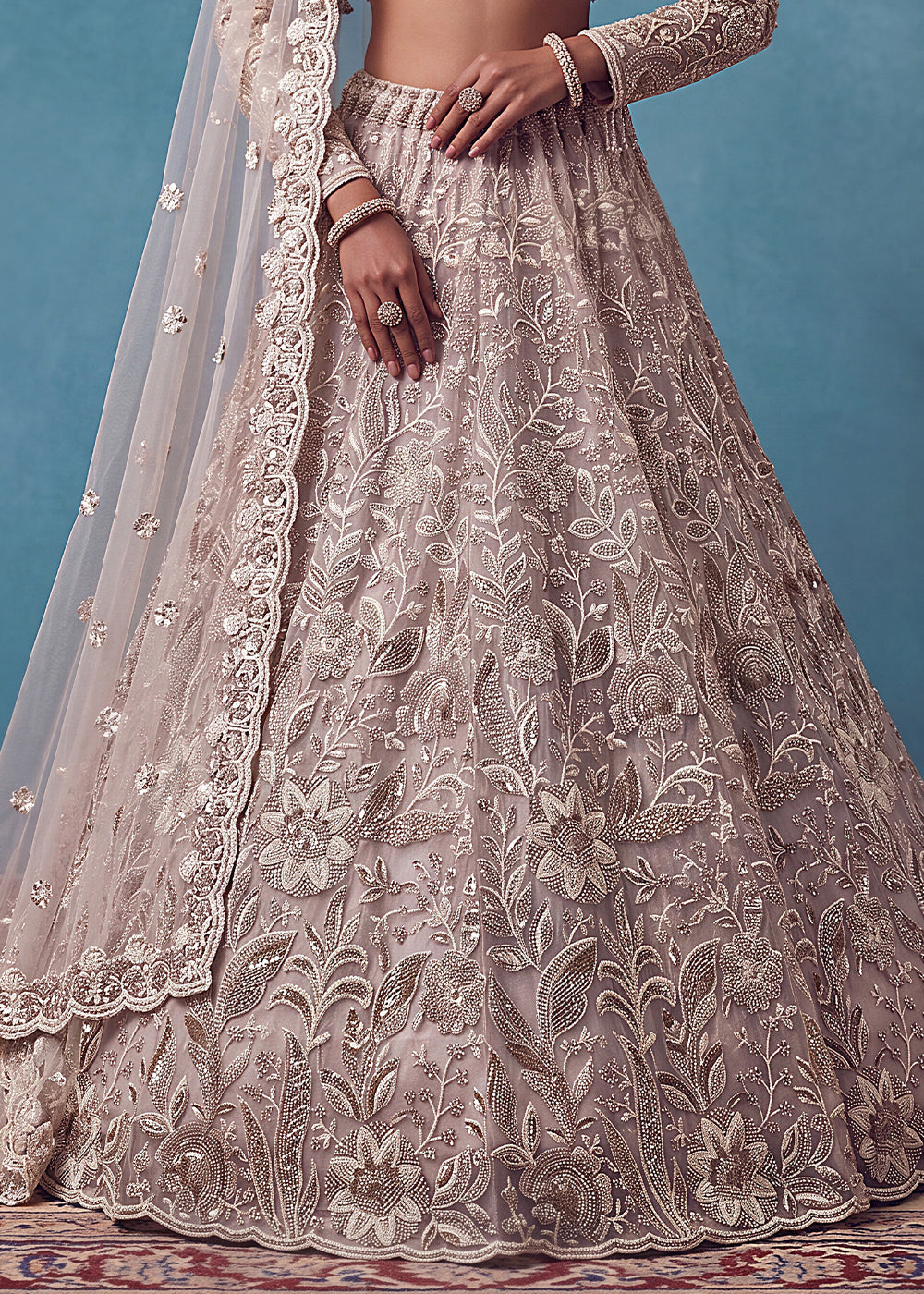 Cream &amp; Pink Premium Net Lehenga Choli with Floral Handcrafted Embroidery, Crystal &amp; Sequin Embellishments