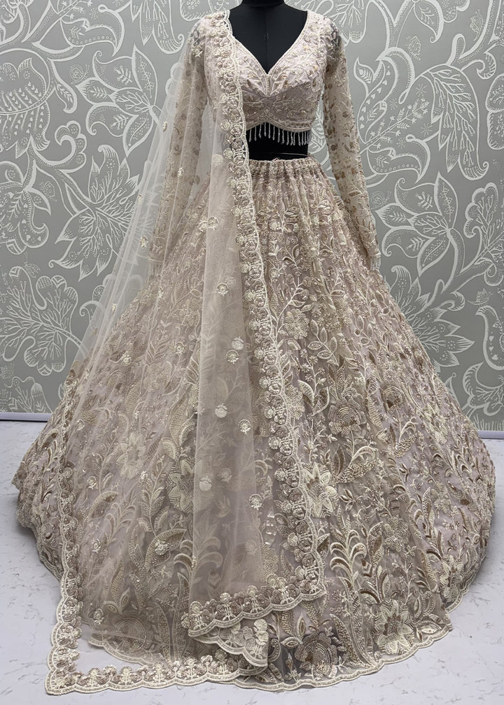 Cream &amp; Pink Premium Net Lehenga Choli with Floral Handcrafted Embroidery, Crystal &amp; Sequin Embellishments