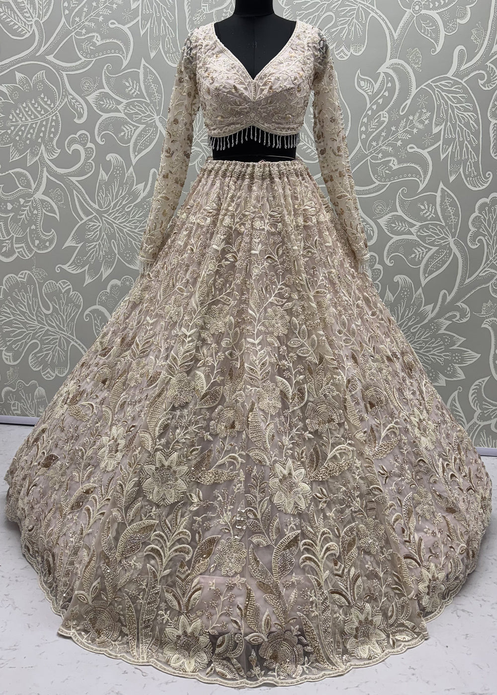 Cream &amp; Pink Premium Net Lehenga Choli with Floral Handcrafted Embroidery, Crystal &amp; Sequin Embellishments