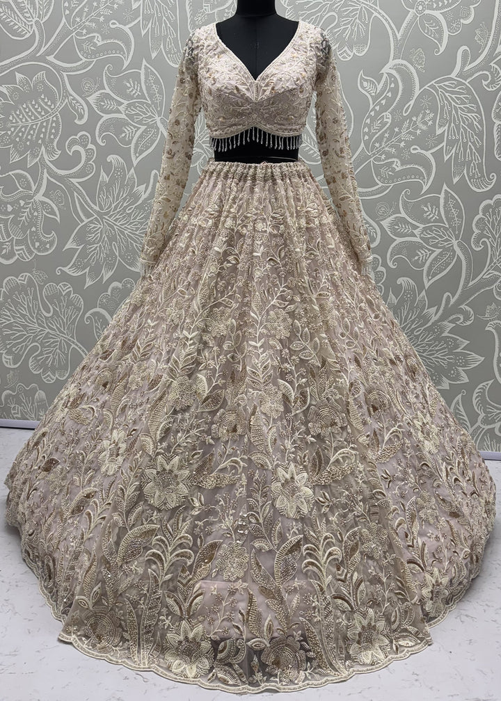 Cream &amp; Pink Premium Net Lehenga Choli with Floral Handcrafted Embroidery, Crystal &amp; Sequin Embellishments