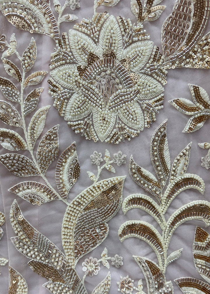 Cream &amp; Pink Premium Net Lehenga Choli with Floral Handcrafted Embroidery, Crystal &amp; Sequin Embellishments