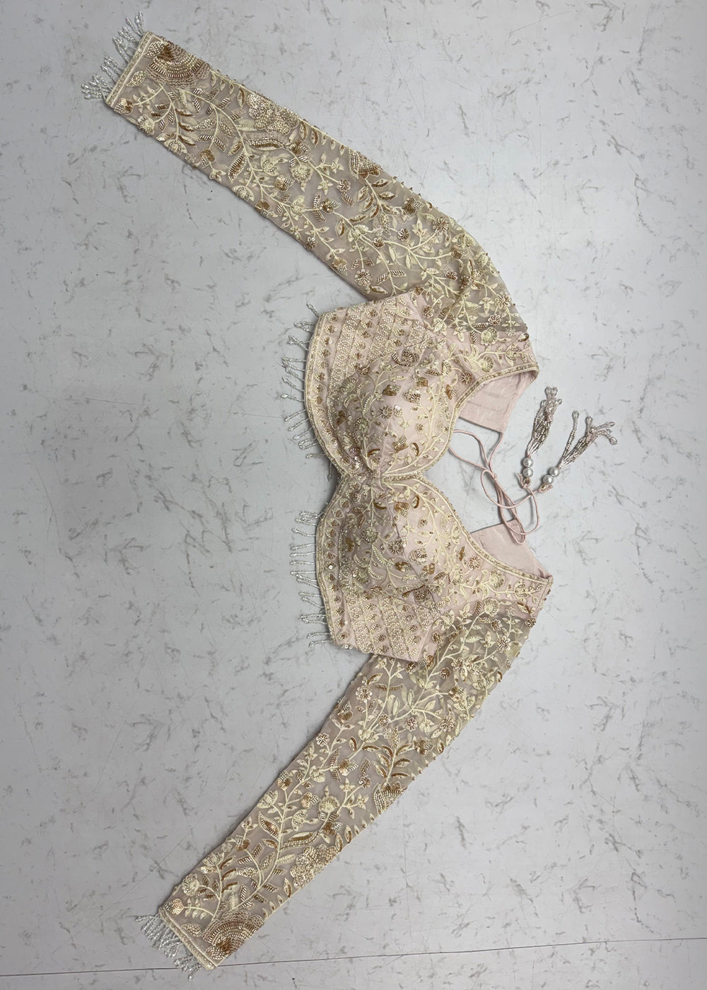 Cream &amp; Pink Premium Net Lehenga Choli with Floral Handcrafted Embroidery, Crystal &amp; Sequin Embellishments