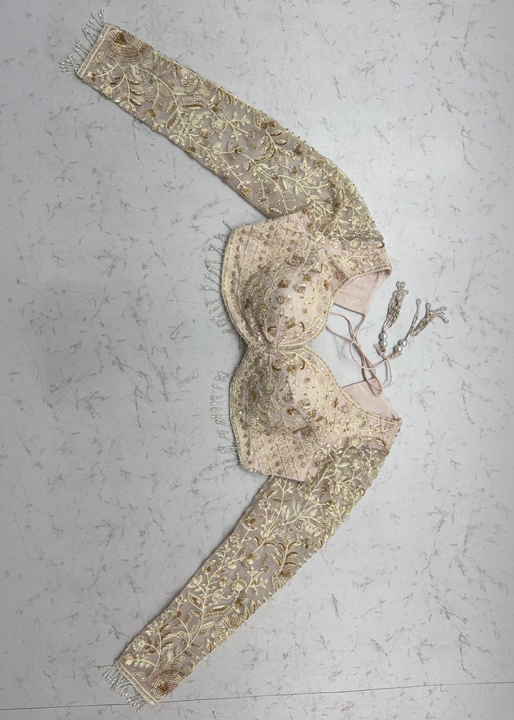 Cream &amp; Pink Premium Net Lehenga Choli with Floral Handcrafted Embroidery, Crystal &amp; Sequin Embellishments