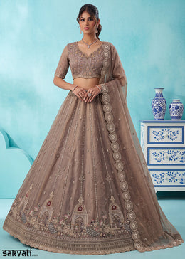Mocha Beige Brown Silk Lehenga Choli with Handwork, Crystal Beads & Peacock Floral Embroidery