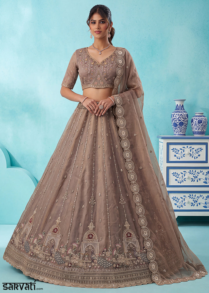Mocha Beige Brown Silk Lehenga Choli with Handwork, Crystal Beads &amp; Peacock Floral Embroidery