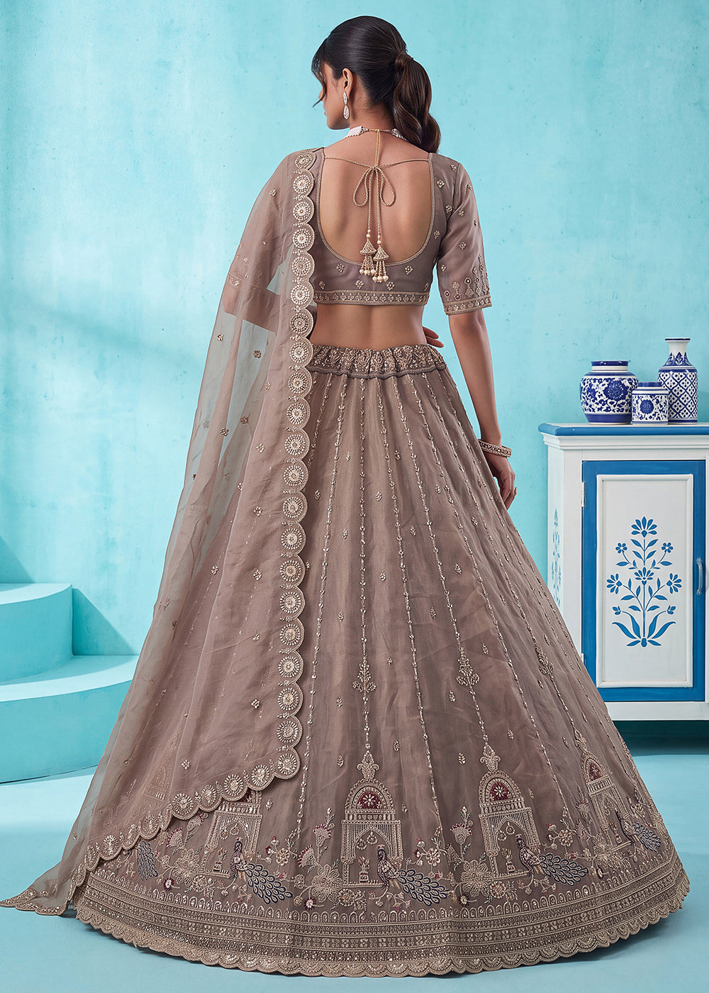 Mocha Beige Brown Silk Lehenga Choli with Handwork, Crystal Beads & Peacock Floral Embroidery