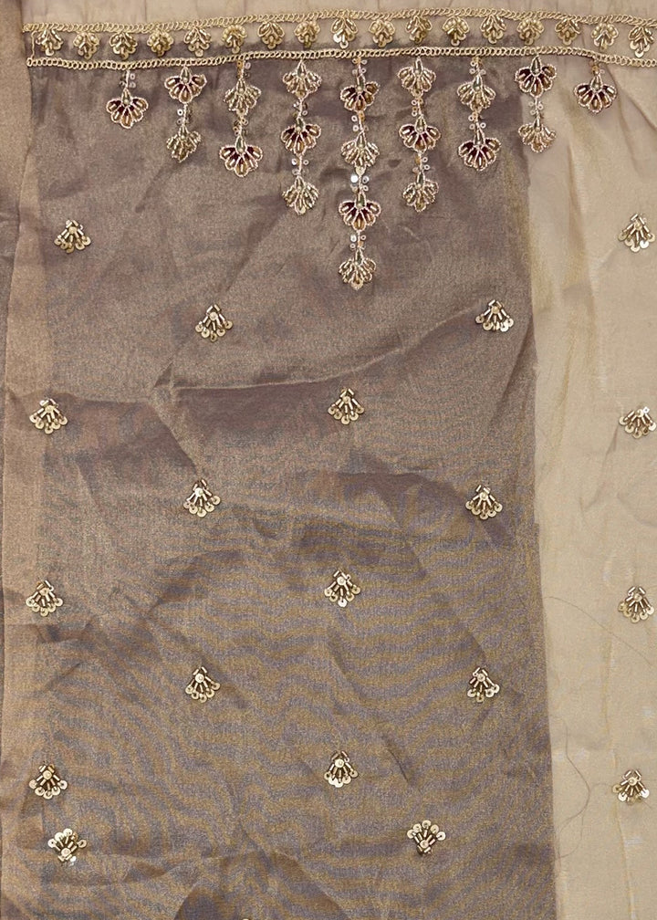 Mocha Beige Brown Silk Lehenga Choli with Handwork, Crystal Beads &amp; Peacock Floral Embroidery