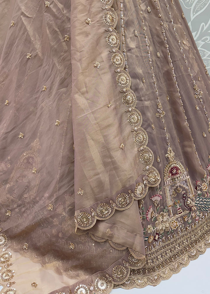 Mocha Beige Brown Silk Lehenga Choli with Handwork, Crystal Beads &amp; Peacock Floral Embroidery
