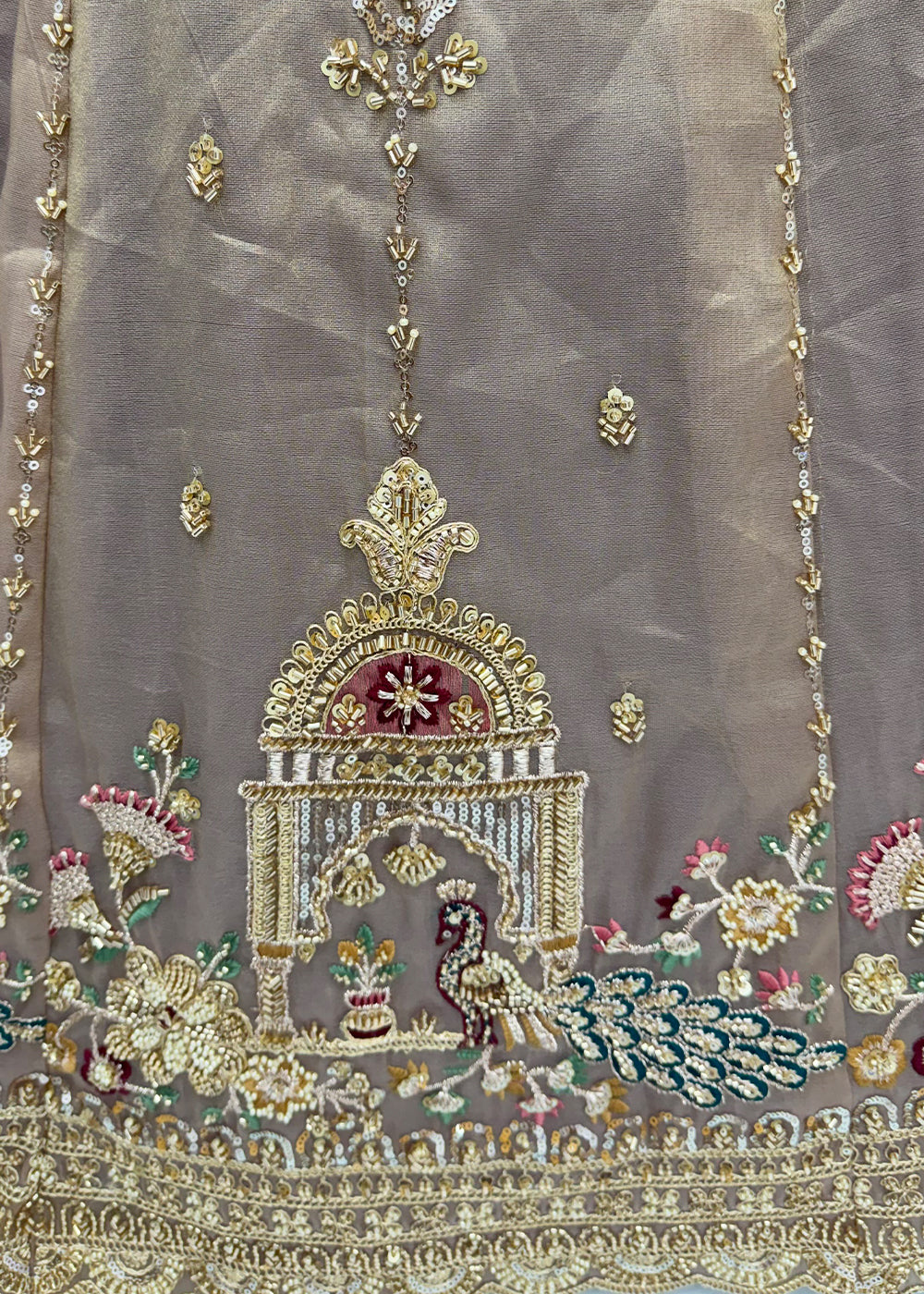 Mocha Beige Brown Silk Lehenga Choli with Handwork, Crystal Beads &amp; Peacock Floral Embroidery
