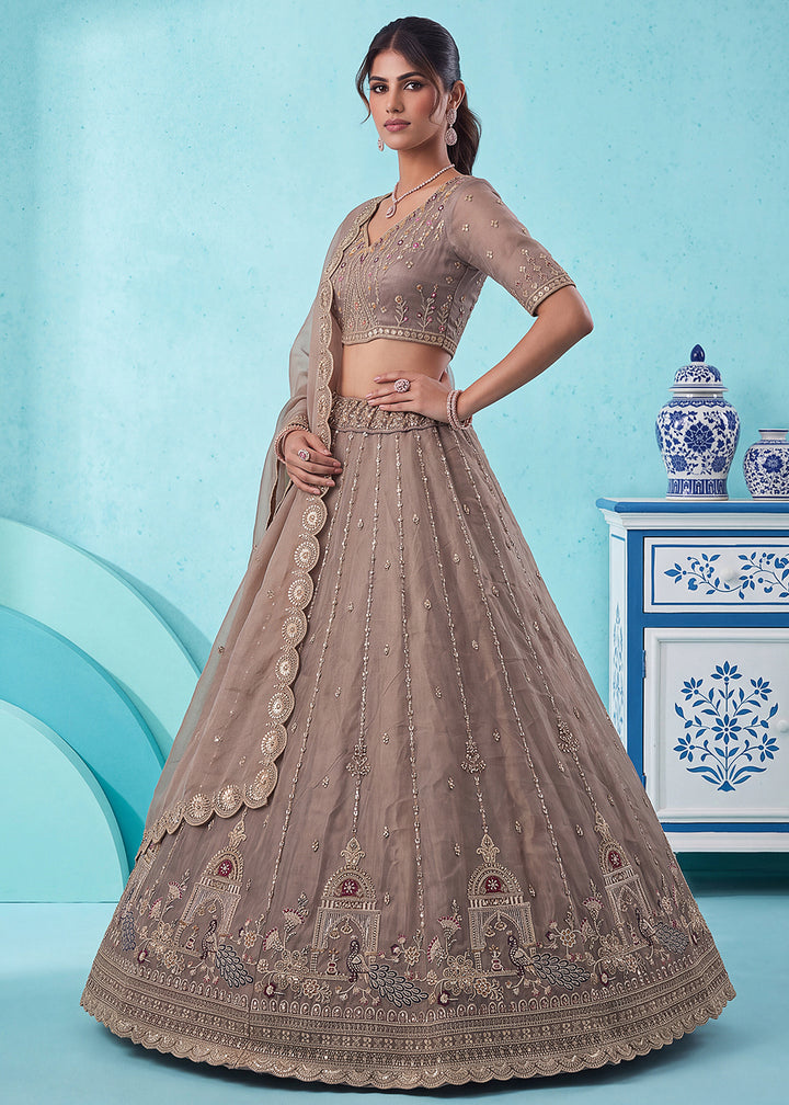 Mocha Beige Brown Silk Lehenga Choli with Handwork, Crystal Beads &amp; Peacock Floral Embroidery