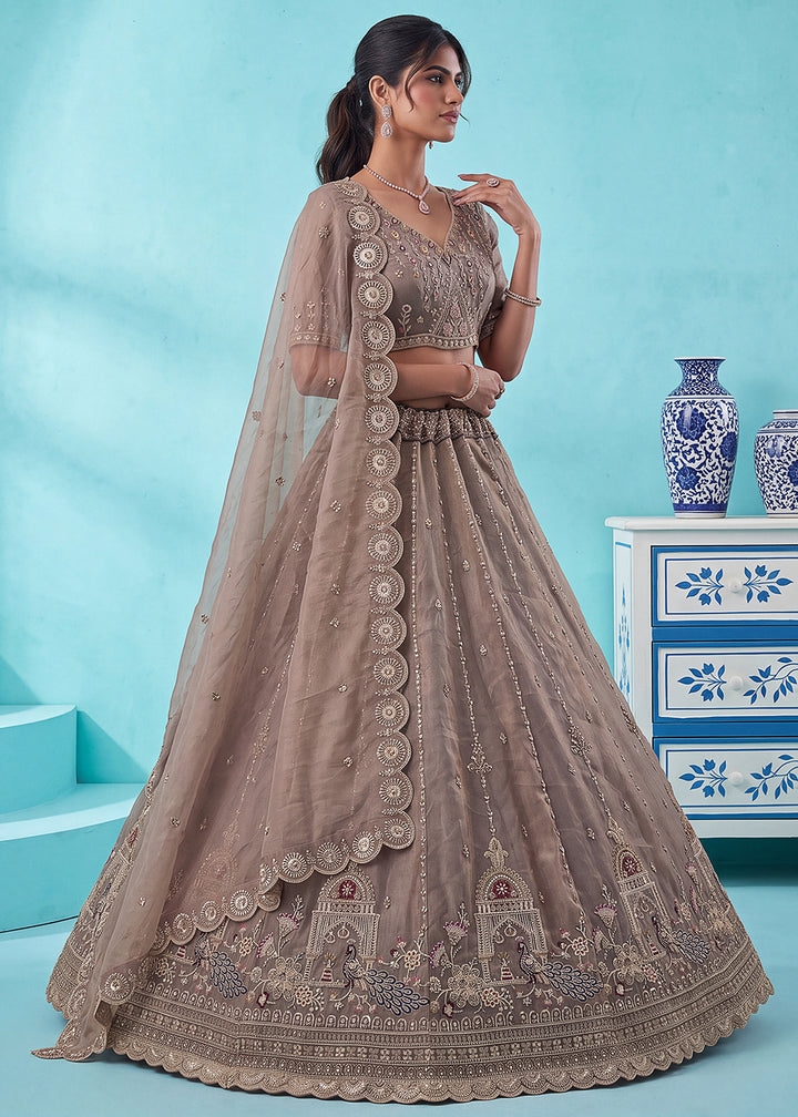 Mocha Beige Brown Silk Lehenga Choli with Handwork, Crystal Beads &amp; Peacock Floral Embroidery