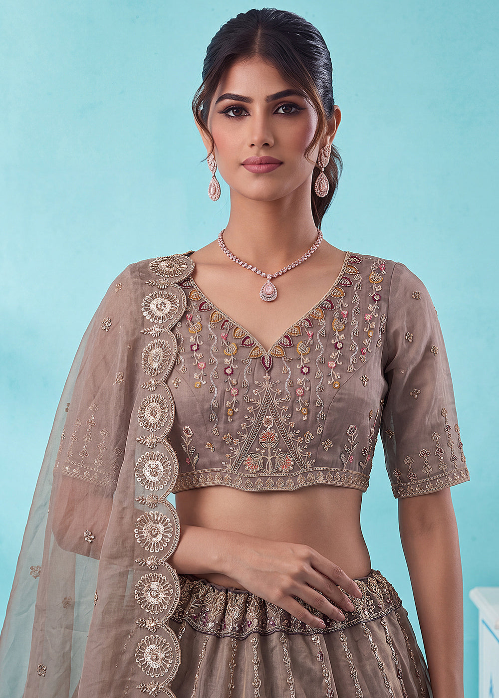 Mocha Beige Brown Silk Lehenga Choli with Handwork, Crystal Beads &amp; Peacock Floral Embroidery