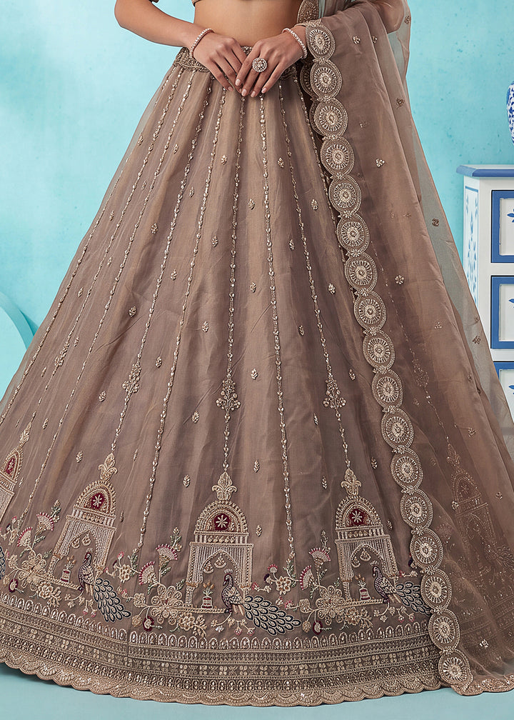 Mocha Beige Brown Silk Lehenga Choli with Handwork, Crystal Beads &amp; Peacock Floral Embroidery