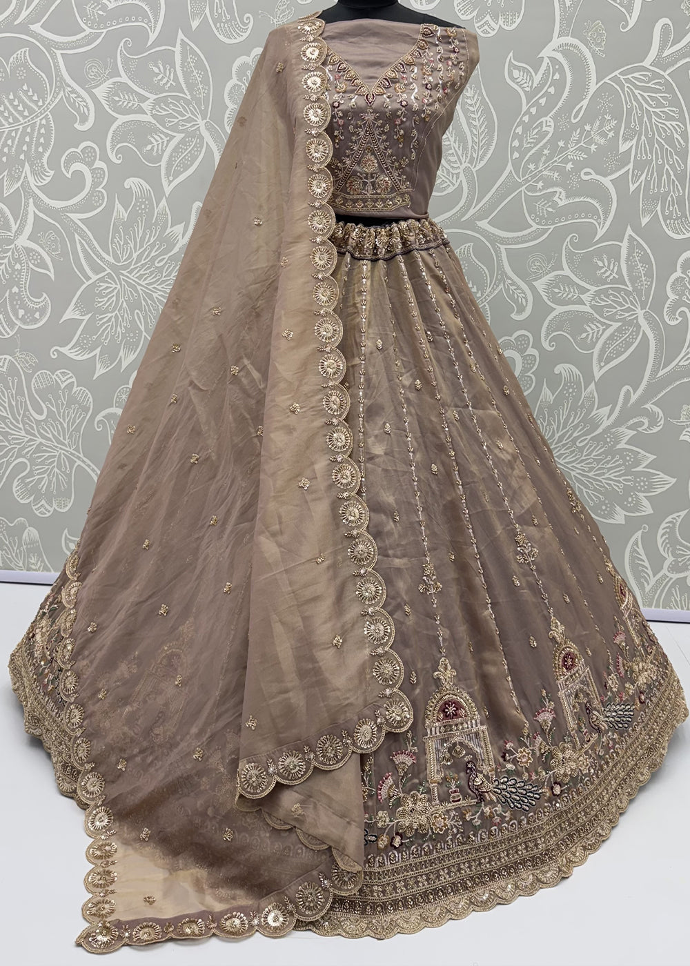Mocha Beige Brown Silk Lehenga Choli with Handwork, Crystal Beads &amp; Peacock Floral Embroidery