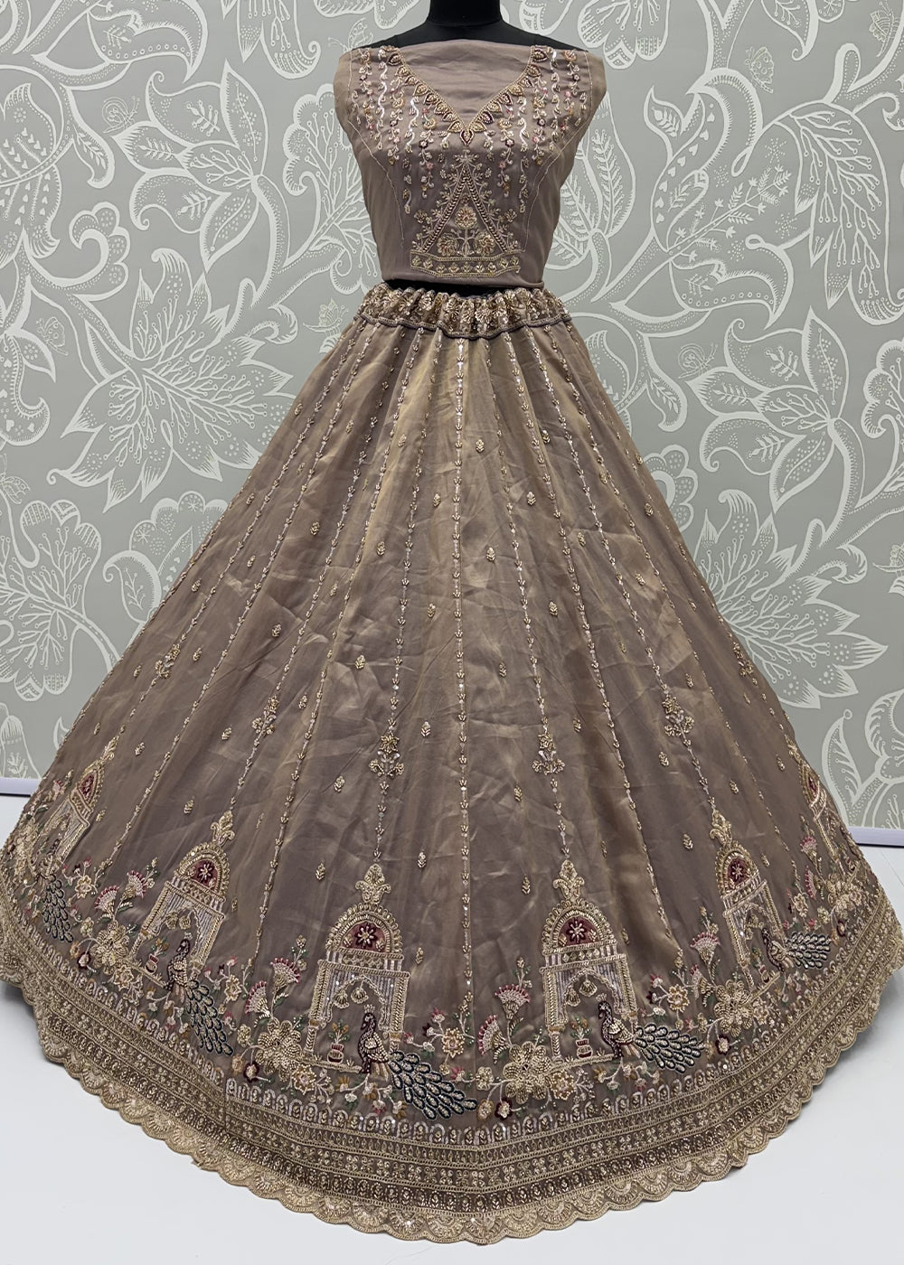 Mocha Beige Brown Silk Lehenga Choli with Handwork, Crystal Beads &amp; Peacock Floral Embroidery