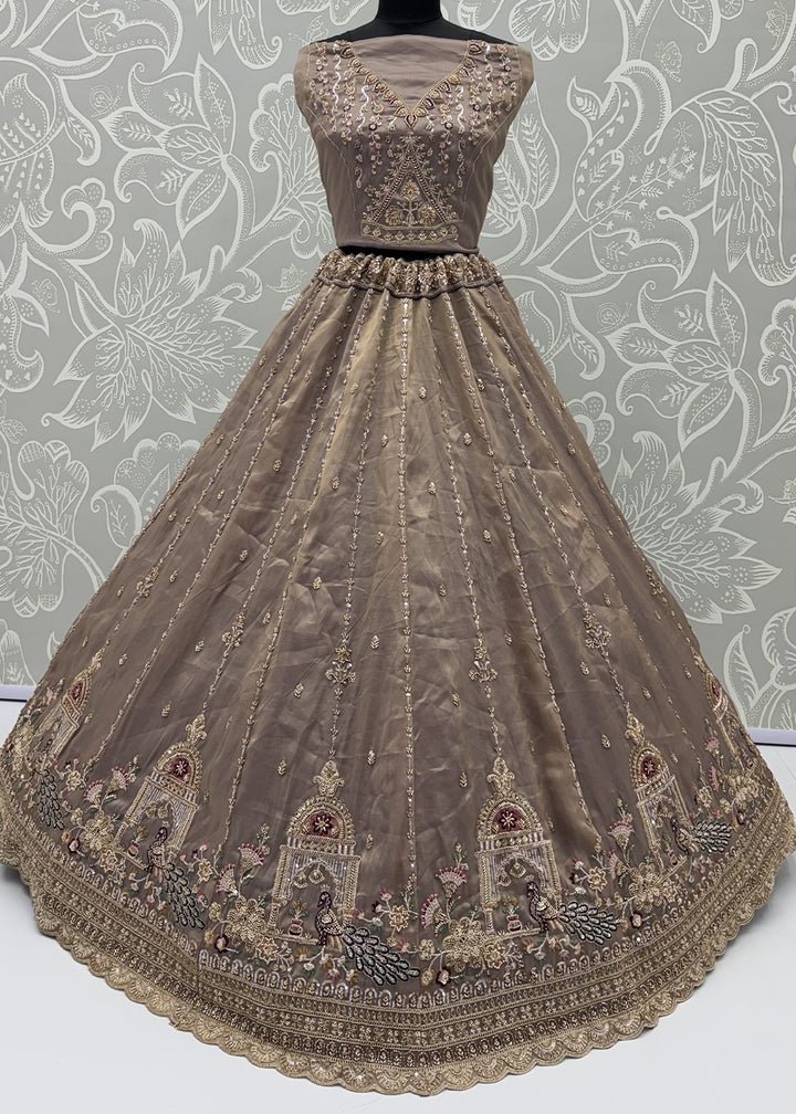 Mocha Beige Brown Silk Lehenga Choli with Handwork, Crystal Beads &amp; Peacock Floral Embroidery