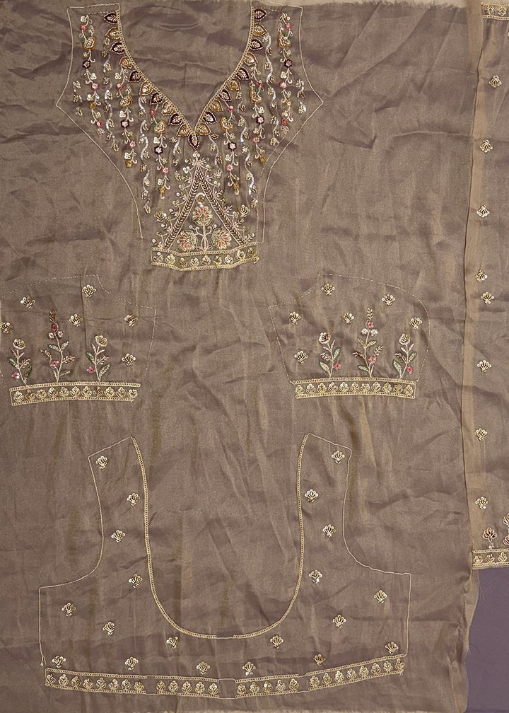 Mocha Beige Brown Silk Lehenga Choli with Handwork, Crystal Beads &amp; Peacock Floral Embroidery