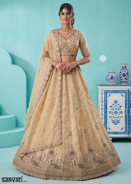 Champagne Brown Silk Lehenga Choli with Handwork, Crystal Beads & Peacock Floral Embroidery