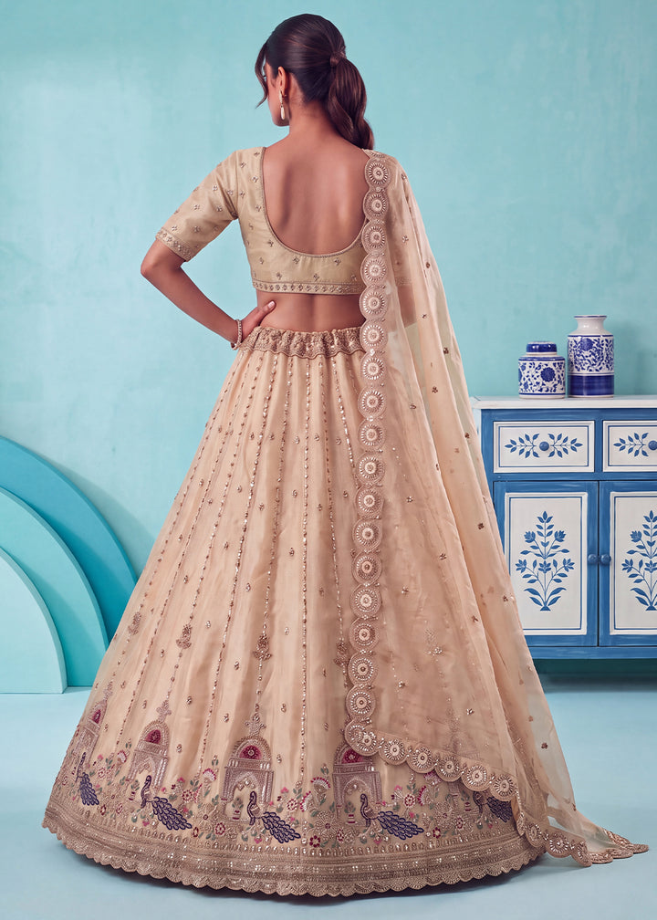 Champagne Brown Silk Lehenga Choli with Handwork, Crystal Beads &amp; Peacock Floral Embroidery