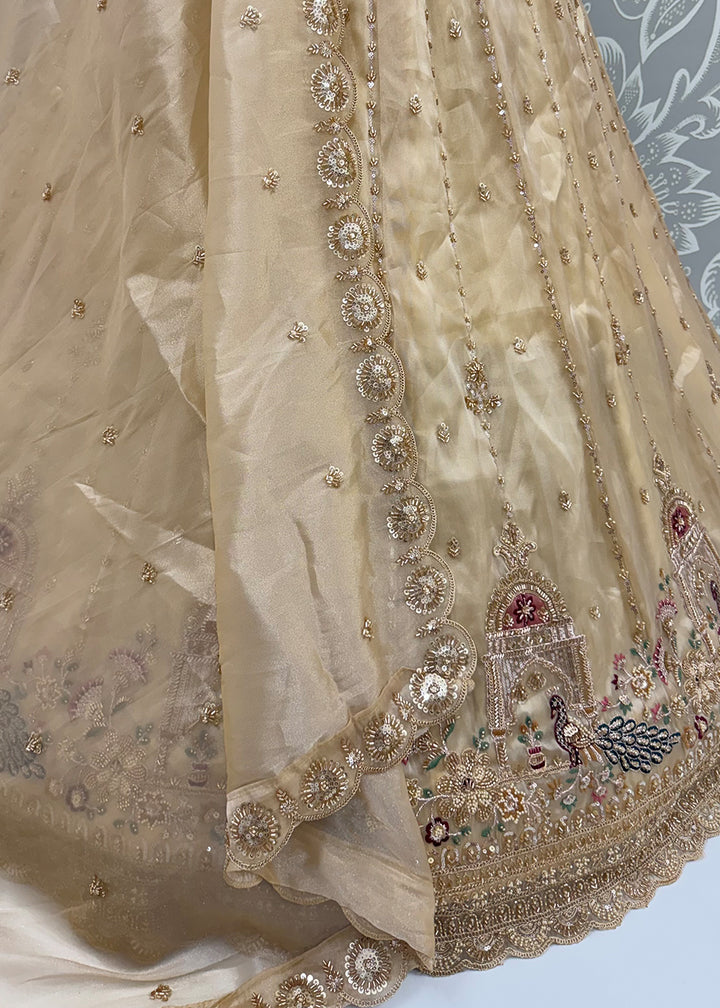 Champagne Brown Silk Lehenga Choli with Handwork, Crystal Beads &amp; Peacock Floral Embroidery