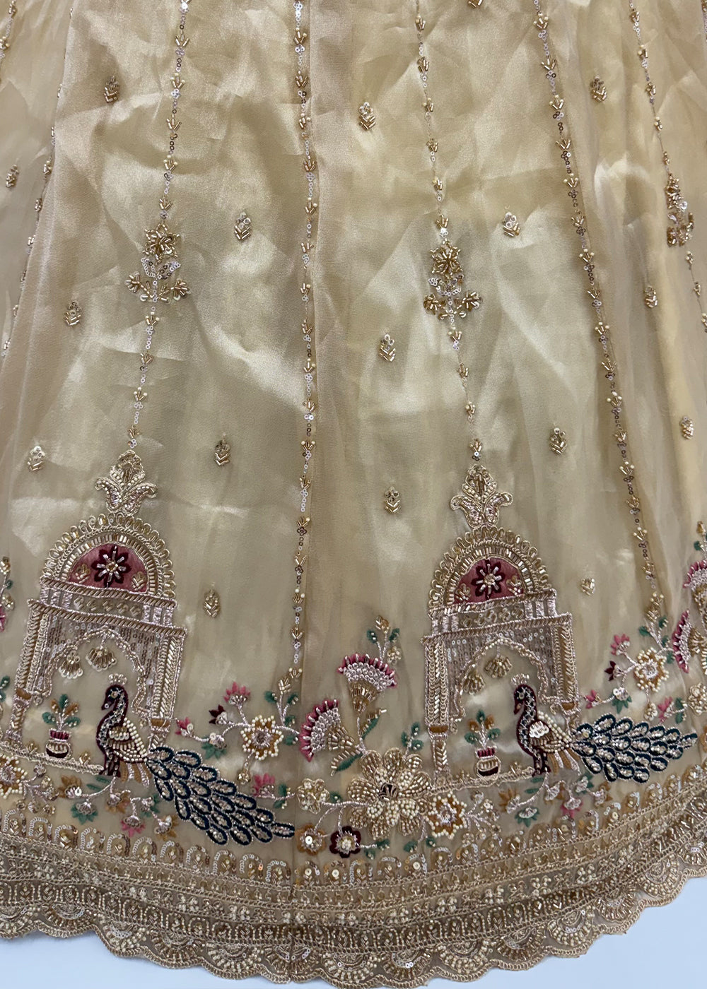 Champagne Brown Silk Lehenga Choli with Handwork, Crystal Beads &amp; Peacock Floral Embroidery