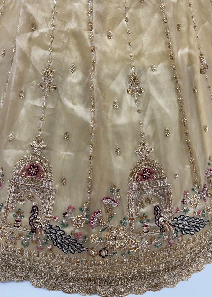 Champagne Brown Silk Lehenga Choli with Handwork, Crystal Beads &amp; Peacock Floral Embroidery