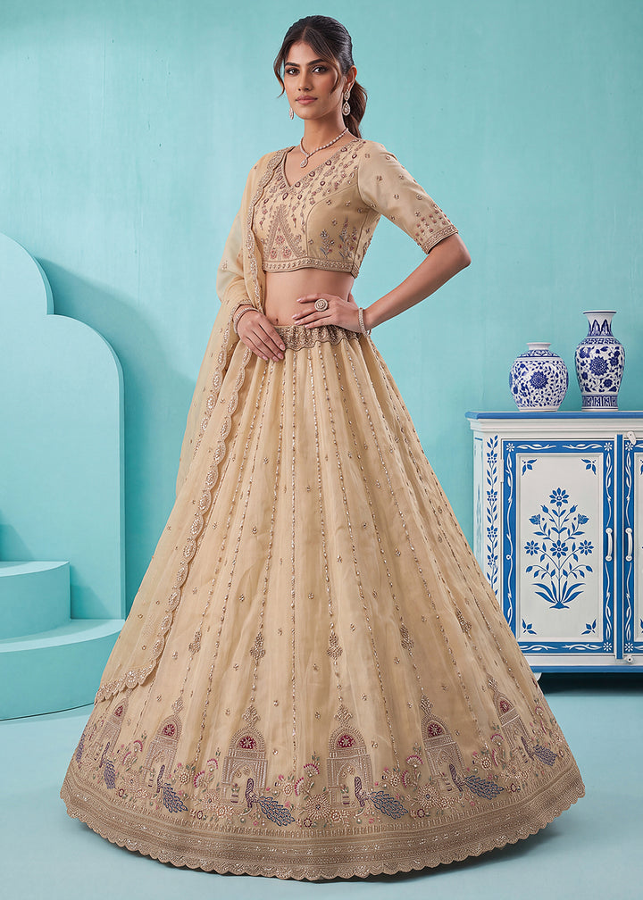 Champagne Brown Silk Lehenga Choli with Handwork, Crystal Beads &amp; Peacock Floral Embroidery