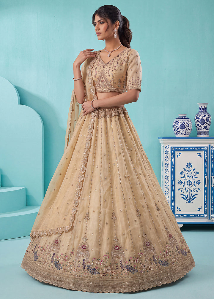 Champagne Brown Silk Lehenga Choli with Handwork, Crystal Beads &amp; Peacock Floral Embroidery
