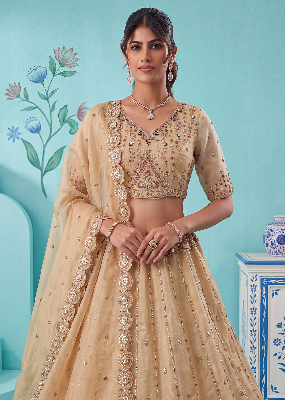 Champagne Brown Silk Lehenga Choli with Handwork, Crystal Beads &amp; Peacock Floral Embroidery