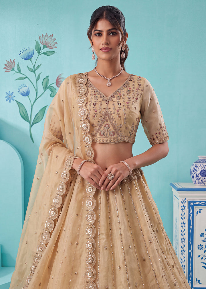 Champagne Brown Silk Lehenga Choli with Handwork, Crystal Beads &amp; Peacock Floral Embroidery