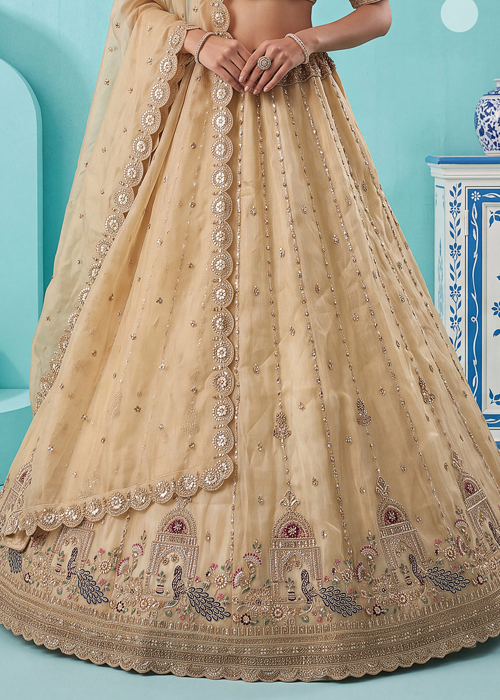 Champagne Brown Silk Lehenga Choli with Handwork, Crystal Beads &amp; Peacock Floral Embroidery