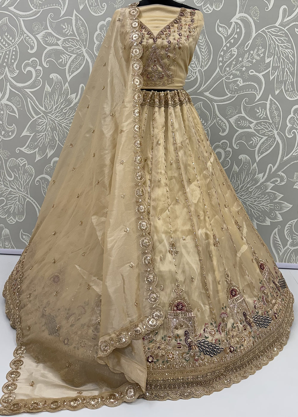 Champagne Brown Silk Lehenga Choli with Handwork, Crystal Beads &amp; Peacock Floral Embroidery