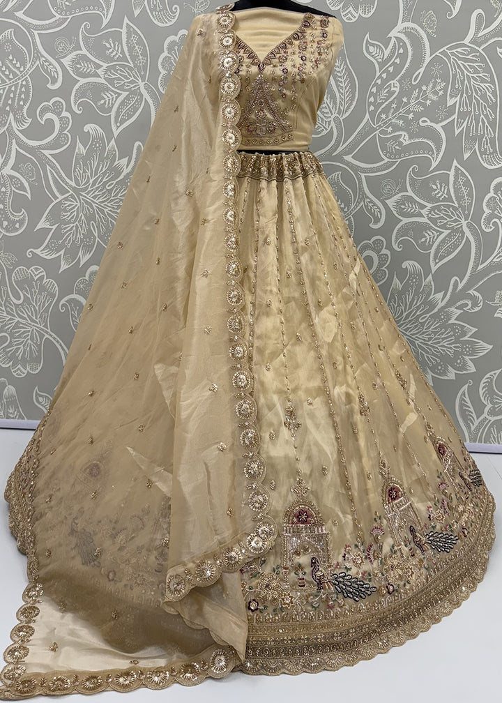 Champagne Brown Silk Lehenga Choli with Handwork, Crystal Beads &amp; Peacock Floral Embroidery
