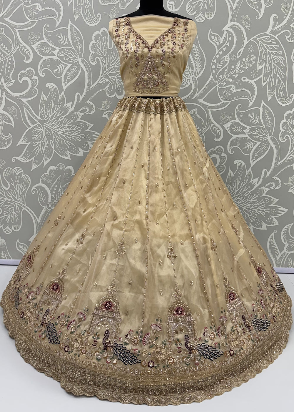 Champagne Brown Silk Lehenga Choli with Handwork, Crystal Beads &amp; Peacock Floral Embroidery