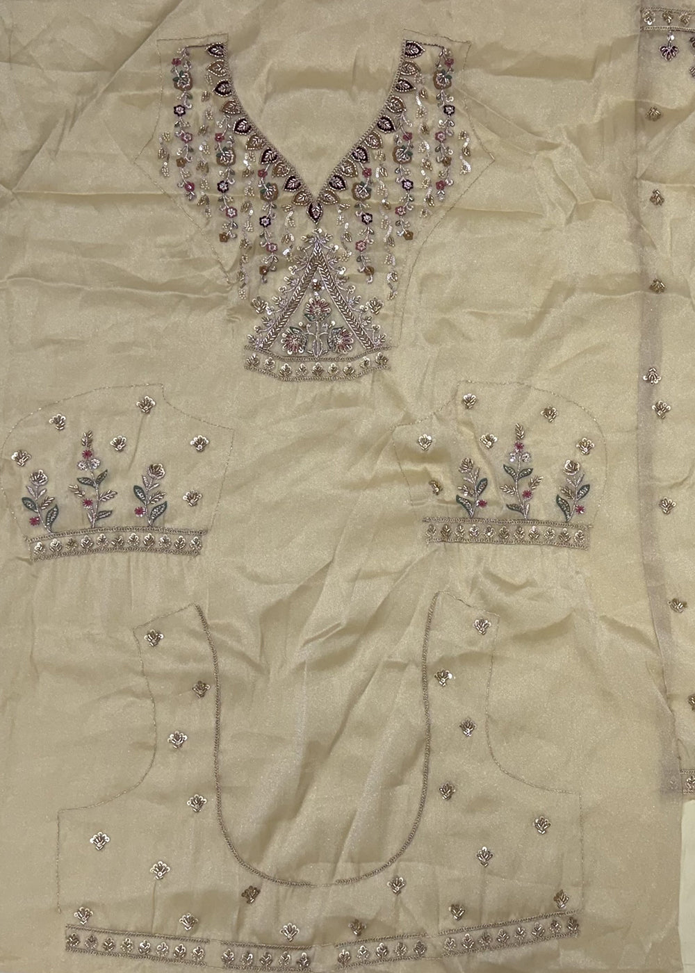 Champagne Brown Silk Lehenga Choli with Handwork, Crystal Beads &amp; Peacock Floral Embroidery