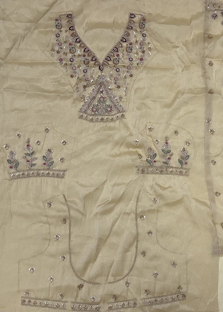 Champagne Brown Silk Lehenga Choli with Handwork, Crystal Beads &amp; Peacock Floral Embroidery