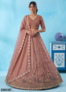 Dusty Mauve Pink Silk Lehenga Choli with Handwork, Crystal Beads & Peacock Floral Embroidery