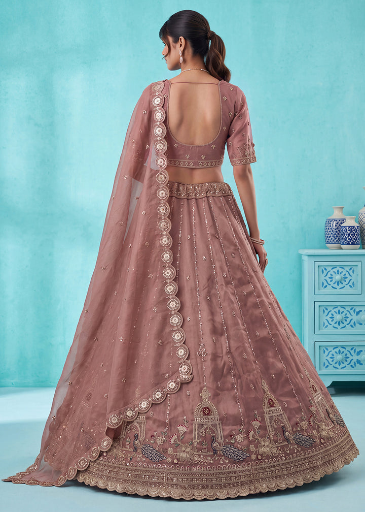 Dusty Mauve Pink Silk Lehenga Choli with Handwork, Crystal Beads &amp; Peacock Floral Embroidery