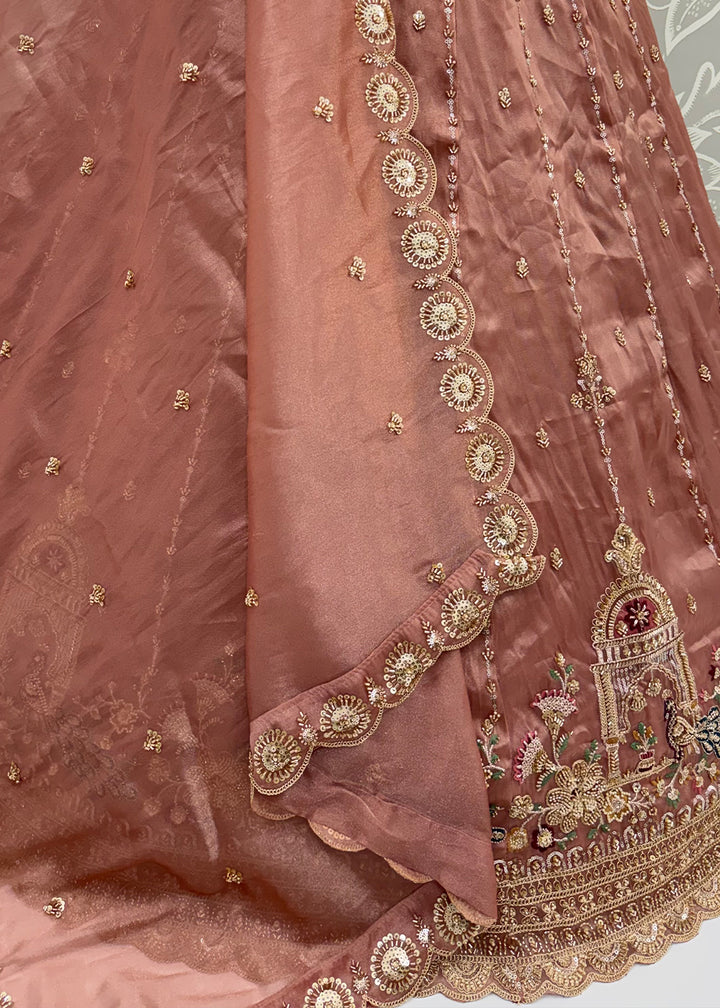 Dusty Mauve Pink Silk Lehenga Choli with Handwork, Crystal Beads &amp; Peacock Floral Embroidery