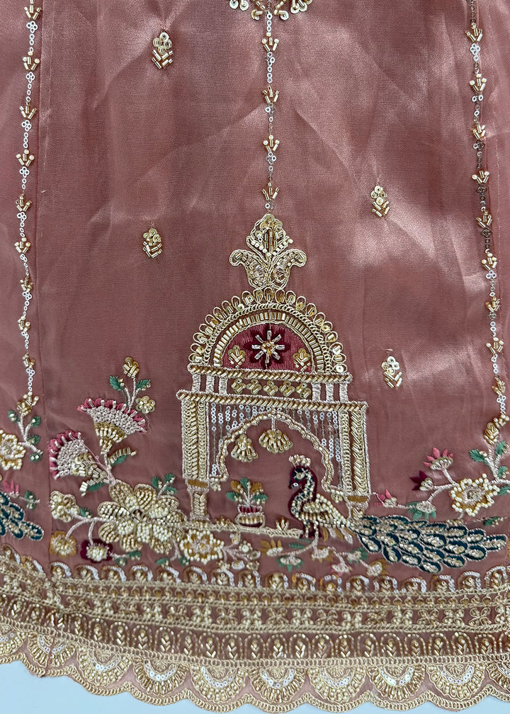 Dusty Mauve Pink Silk Lehenga Choli with Handwork, Crystal Beads &amp; Peacock Floral Embroidery