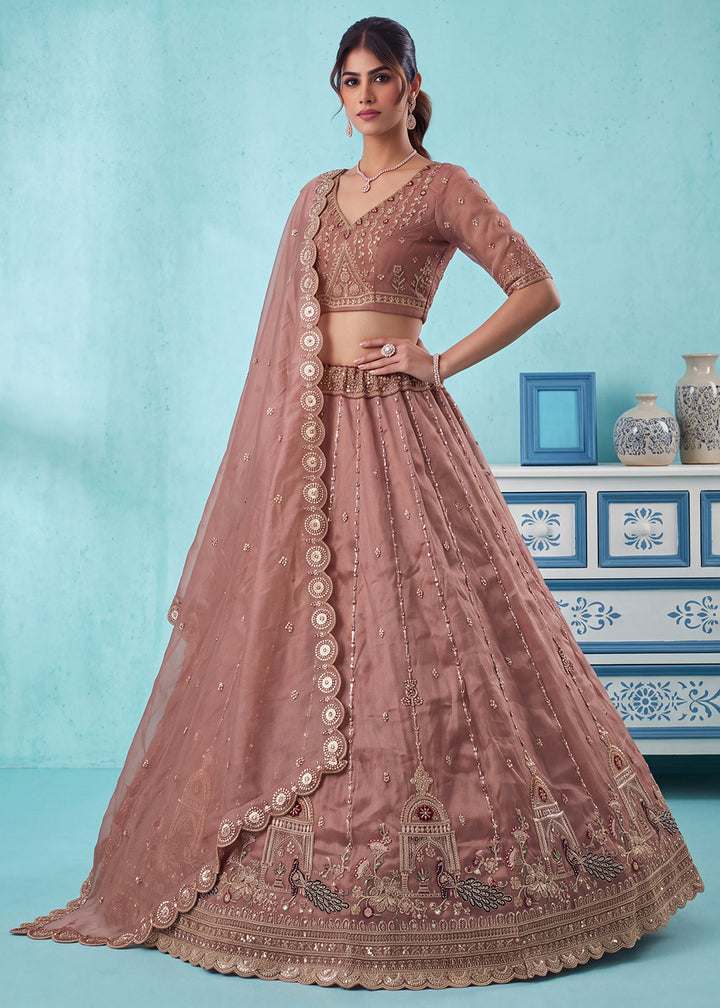 Dusty Mauve Pink Silk Lehenga Choli with Handwork, Crystal Beads &amp; Peacock Floral Embroidery