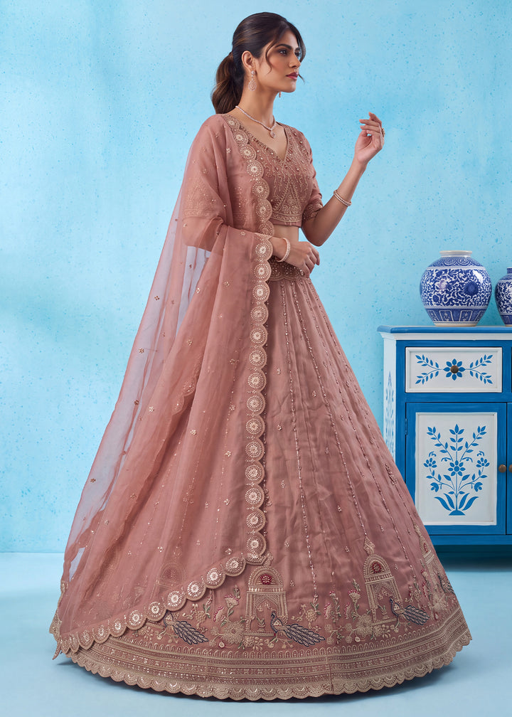 Dusty Mauve Pink Silk Lehenga Choli with Handwork, Crystal Beads &amp; Peacock Floral Embroidery