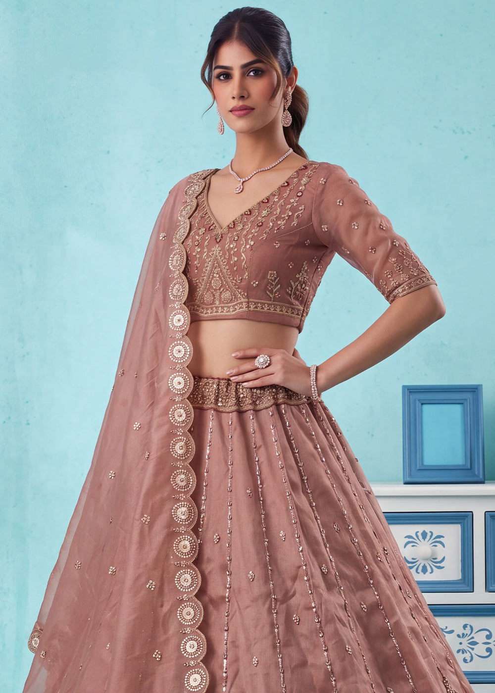 Dusty Mauve Pink Silk Lehenga Choli with Handwork, Crystal Beads &amp; Peacock Floral Embroidery