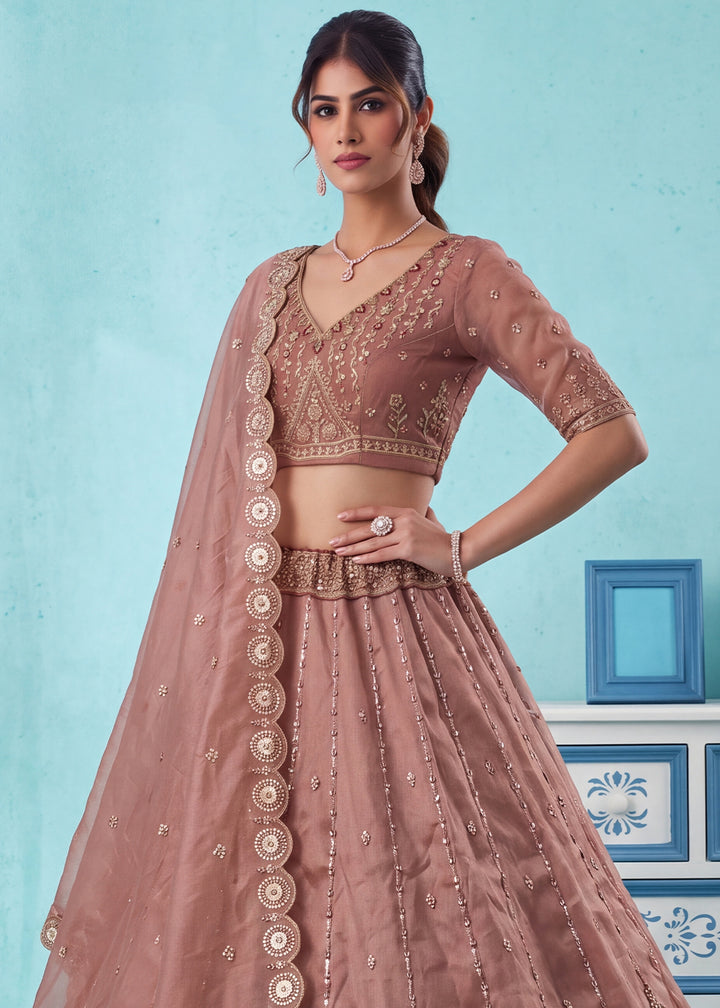 Dusty Mauve Pink Silk Lehenga Choli with Handwork, Crystal Beads &amp; Peacock Floral Embroidery
