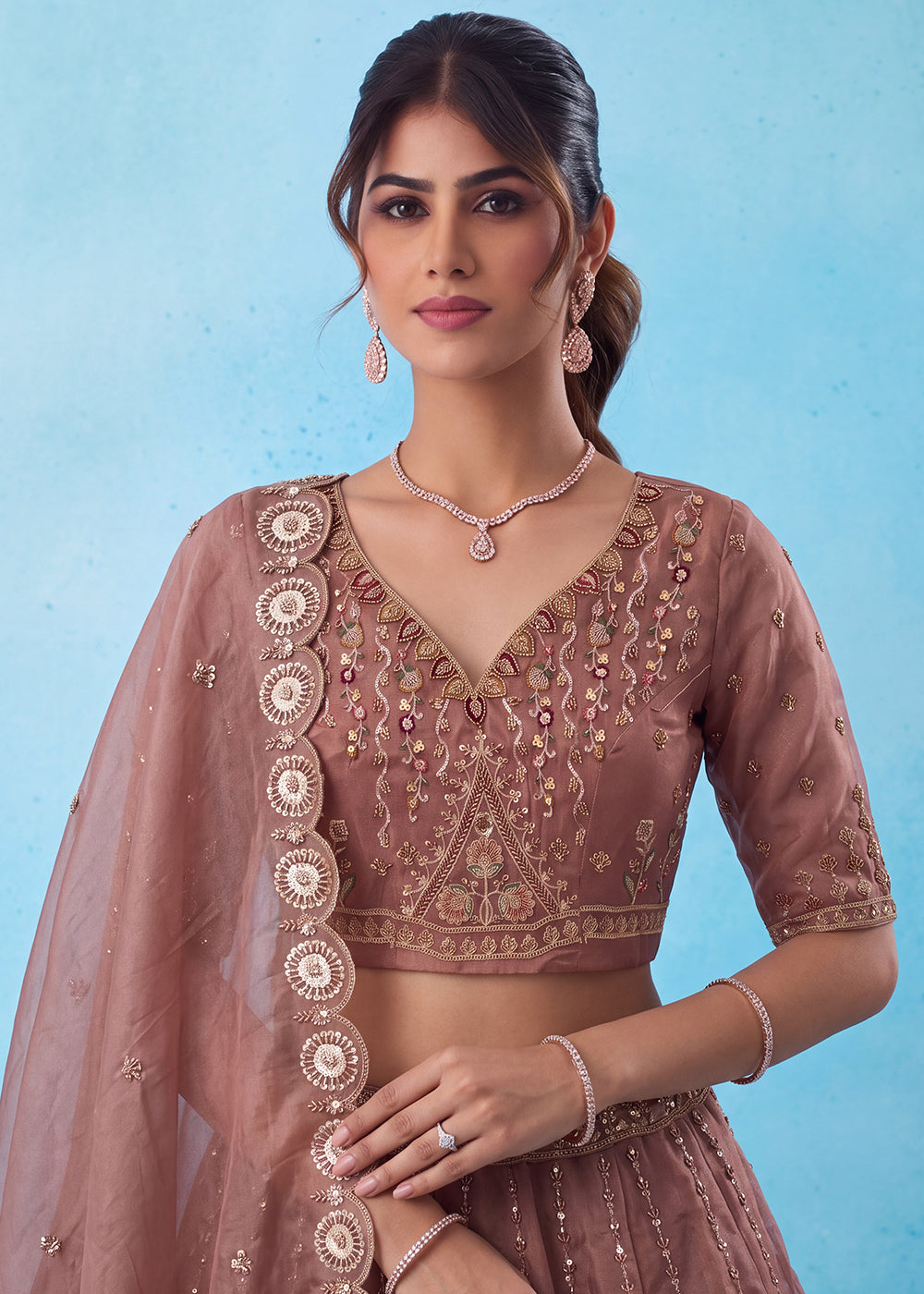 Dusty Mauve Pink Silk Lehenga Choli with Handwork, Crystal Beads &amp; Peacock Floral Embroidery