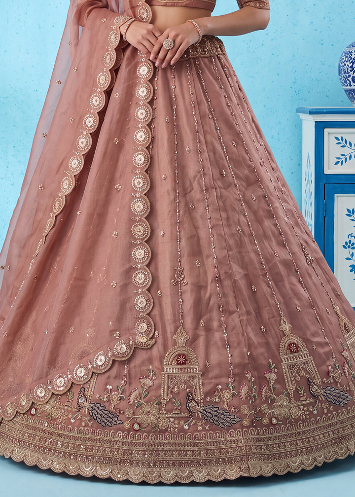 Dusty Mauve Pink Silk Lehenga Choli with Handwork, Crystal Beads &amp; Peacock Floral Embroidery