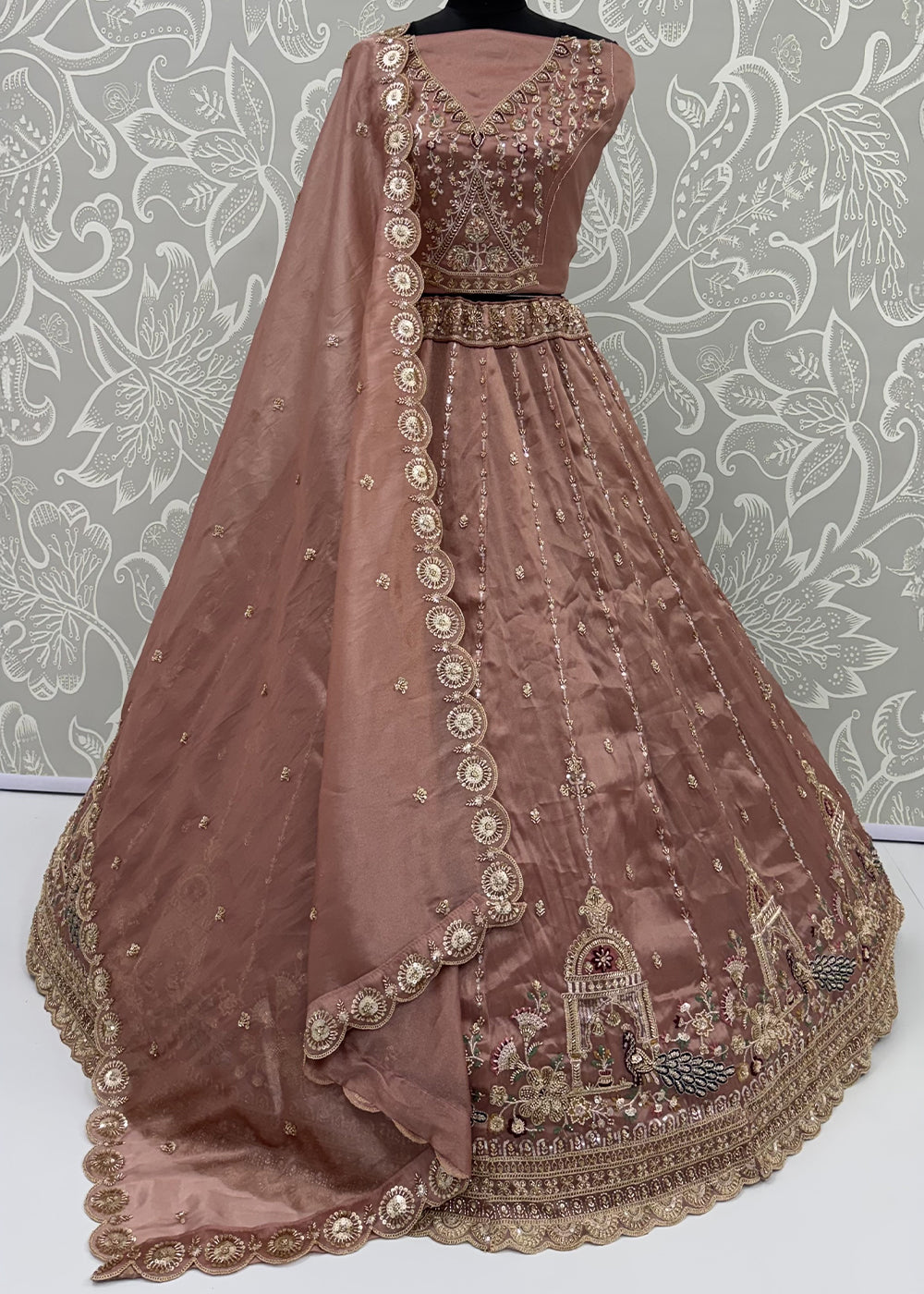 Dusty Mauve Pink Silk Lehenga Choli with Handwork, Crystal Beads &amp; Peacock Floral Embroidery