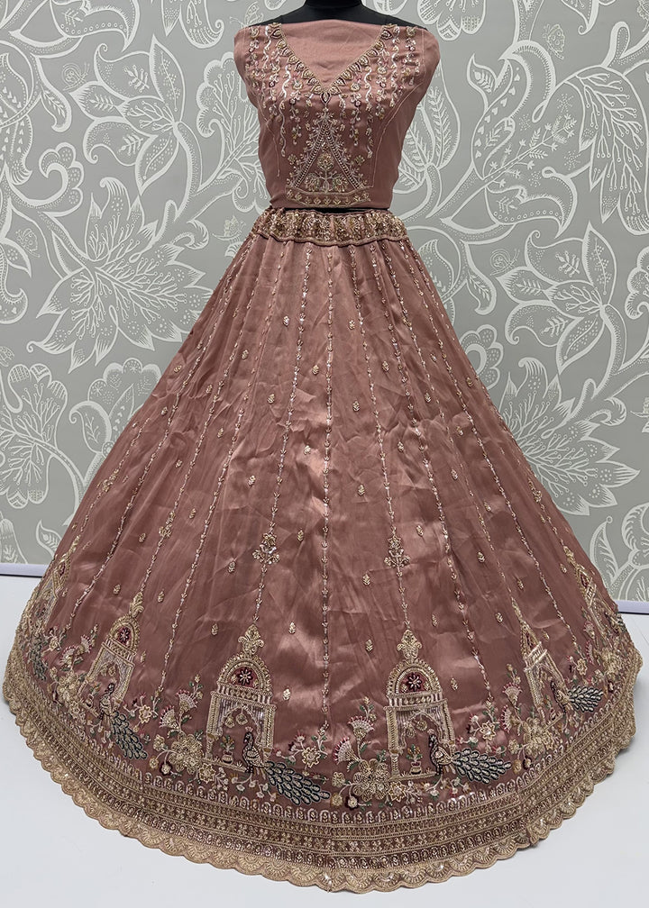 Dusty Mauve Pink Silk Lehenga Choli with Handwork, Crystal Beads &amp; Peacock Floral Embroidery