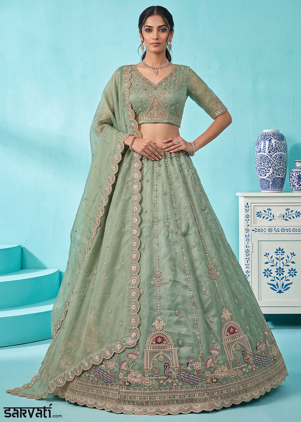 Celadon Green Silk Lehenga Choli with Handwork, Crystal Beads &amp; Peacock Floral Embroidery